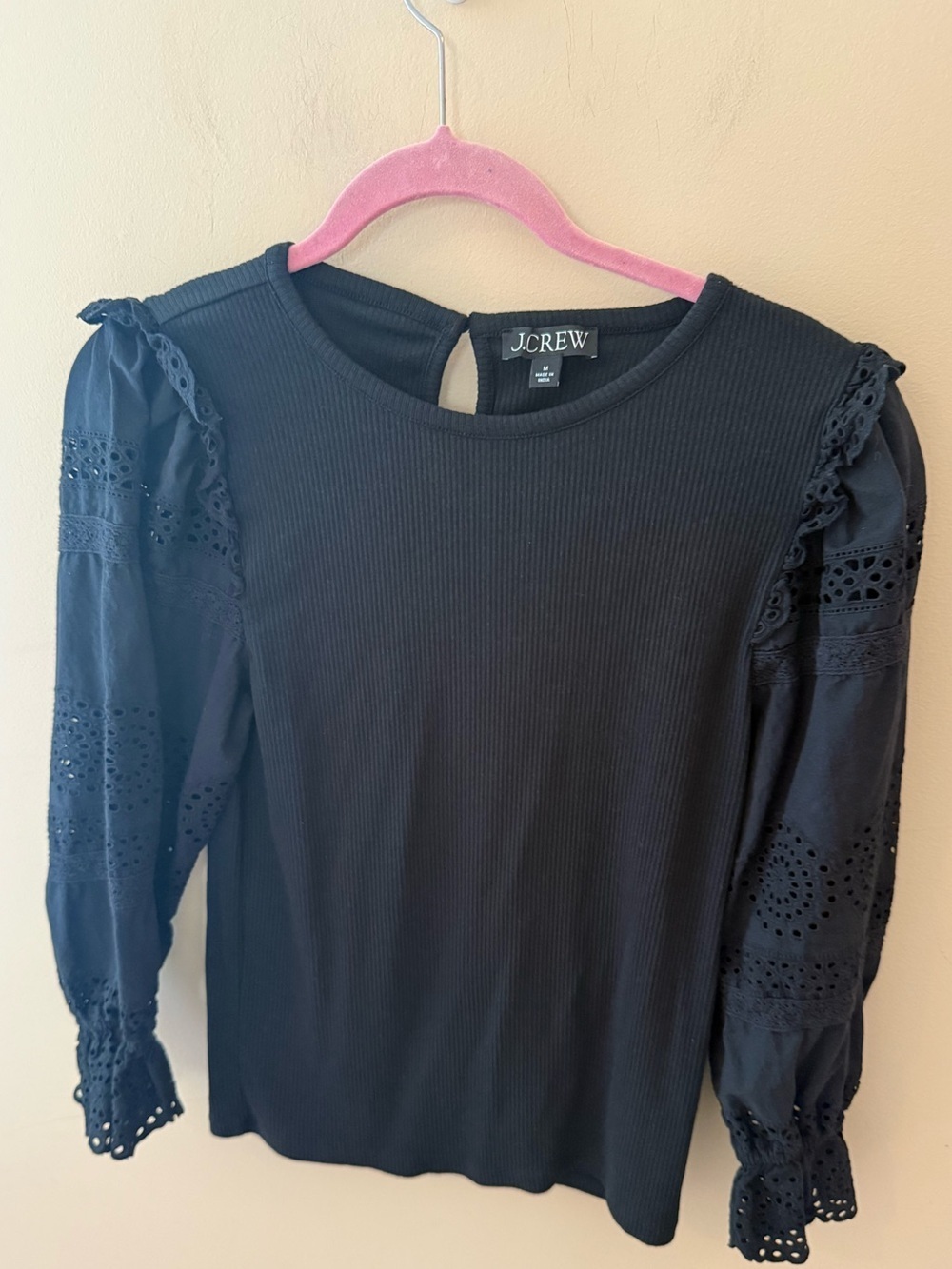 J. Crew Ruffle-trim eyelet top in vintage rib black size Small Medium